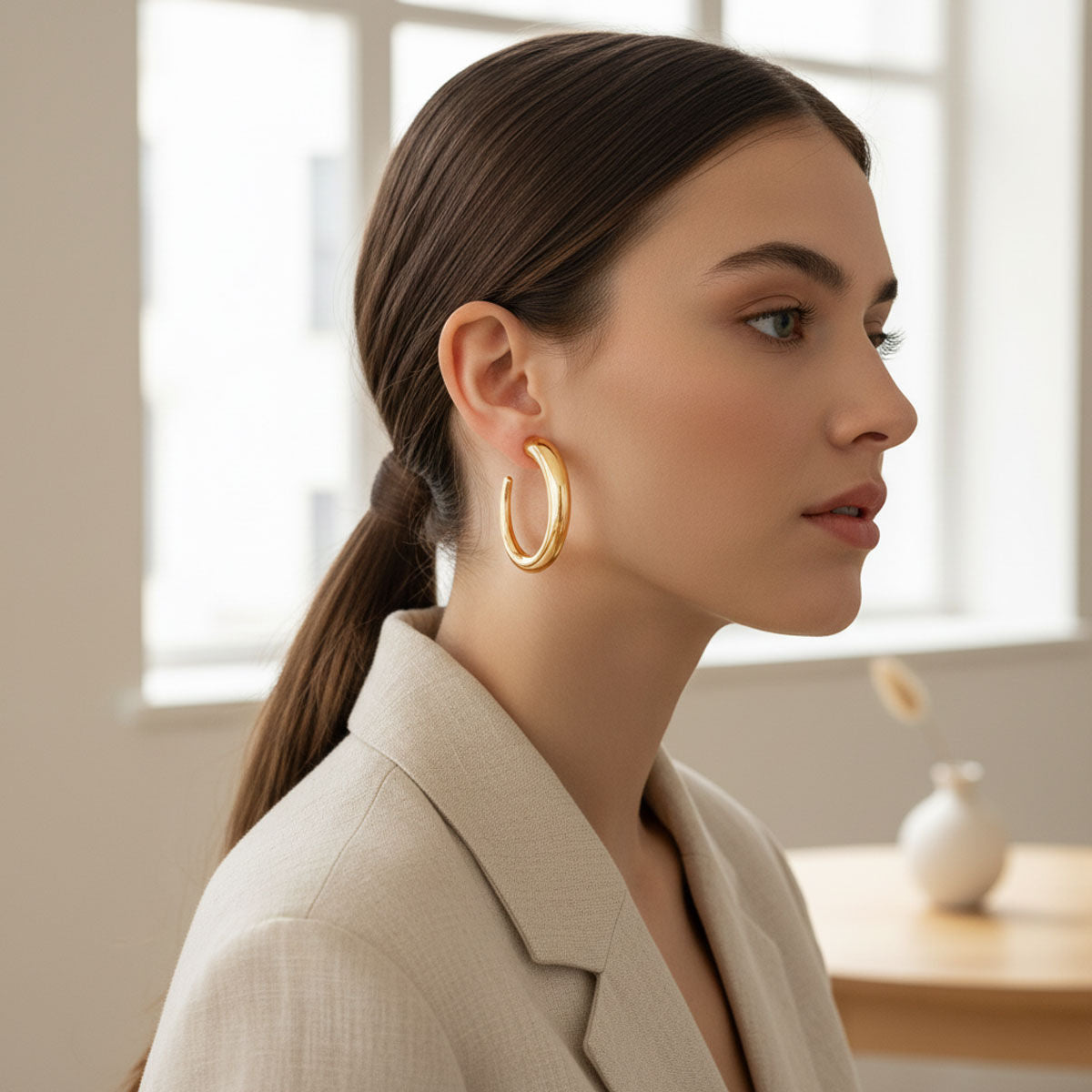 Open Hoop Earrings 18K Gold Steel Graduated Stylish Statement Jewelry