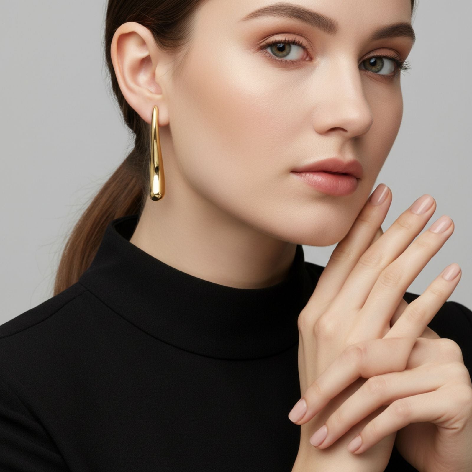 Curved Long Teardrop Stud Earrings 18K Gold Steel Stylish Statement Jewelry