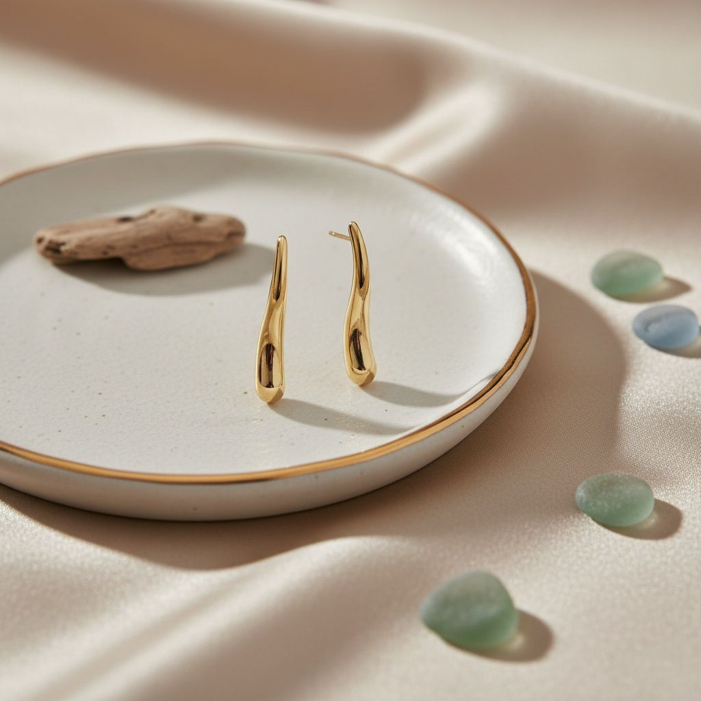 Curved Long Teardrop Stud Earrings 18K Gold Steel Stylish Statement Jewelry