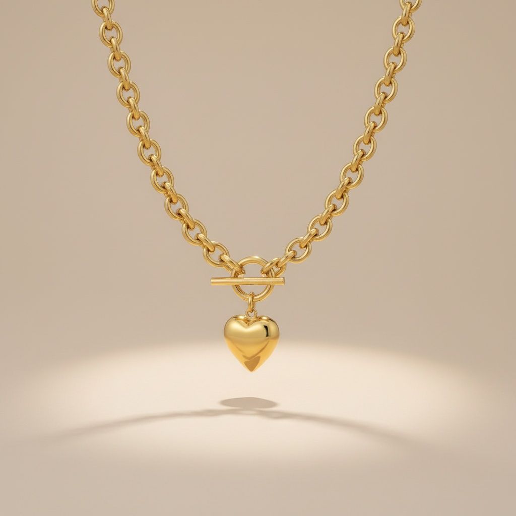 Statement Necklace Gold 18K Steel Toggle Heart Rolo Chain Stylish Chic Jewelry