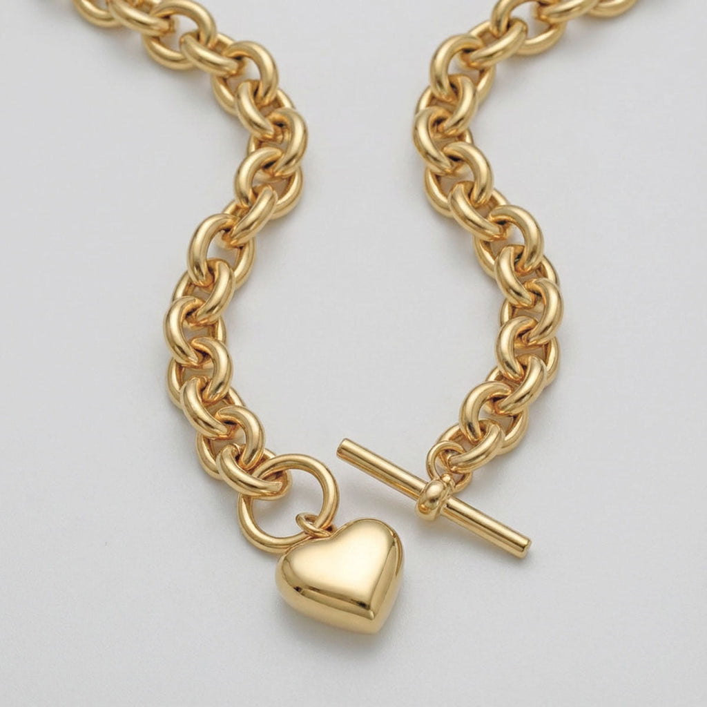 Statement Necklace Gold 18K Steel Toggle Heart Rolo Chain Stylish Chic Jewelry