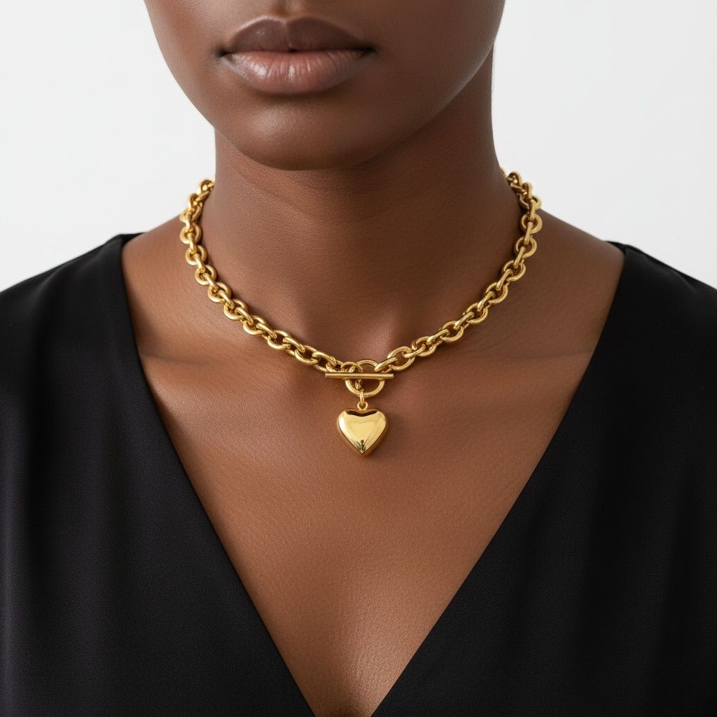 Statement Necklace Gold 18K Steel Toggle Heart Rolo Chain Stylish Chic Jewelry