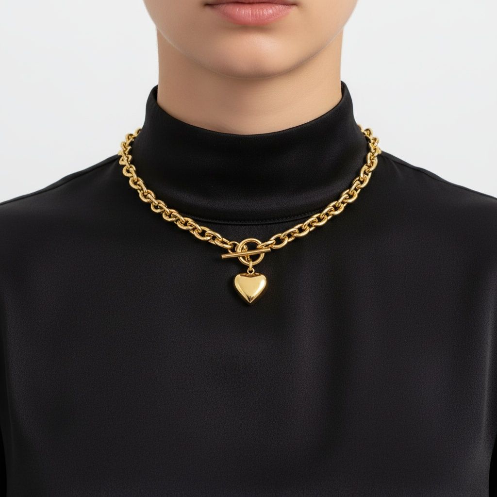 Statement Necklace Gold 18K Steel Toggle Heart Rolo Chain Stylish Chic Jewelry