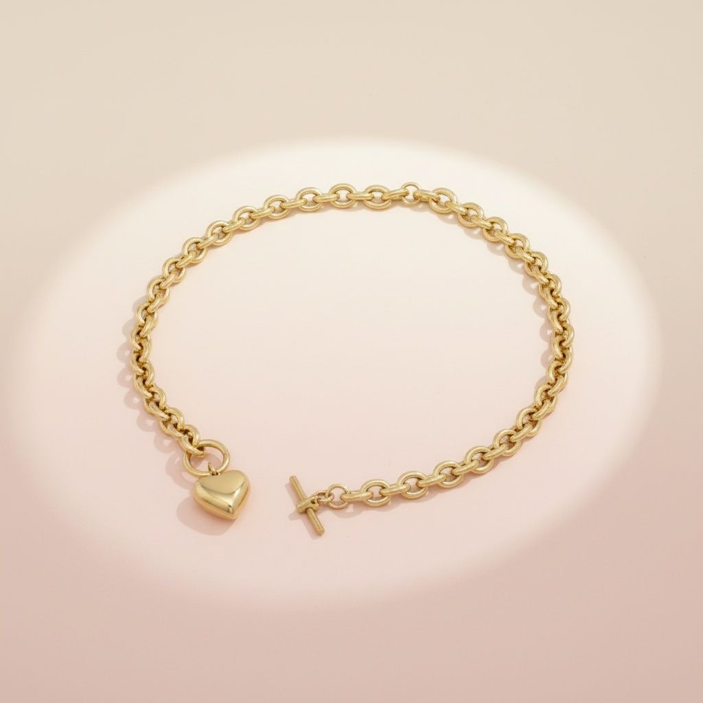 Statement Necklace Gold 18K Steel Toggle Heart Rolo Chain Stylish Chic Jewelry