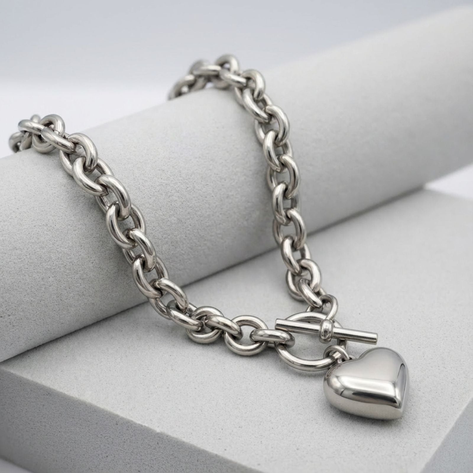 Toggle Heart Necklace Stainless Steel Rolo Chain Stylish Jewelry