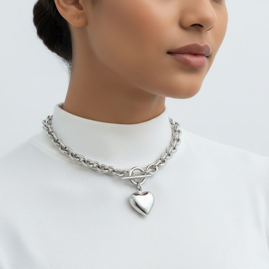 Toggle Heart Necklace Stainless Steel Rolo Chain Stylish Jewelry