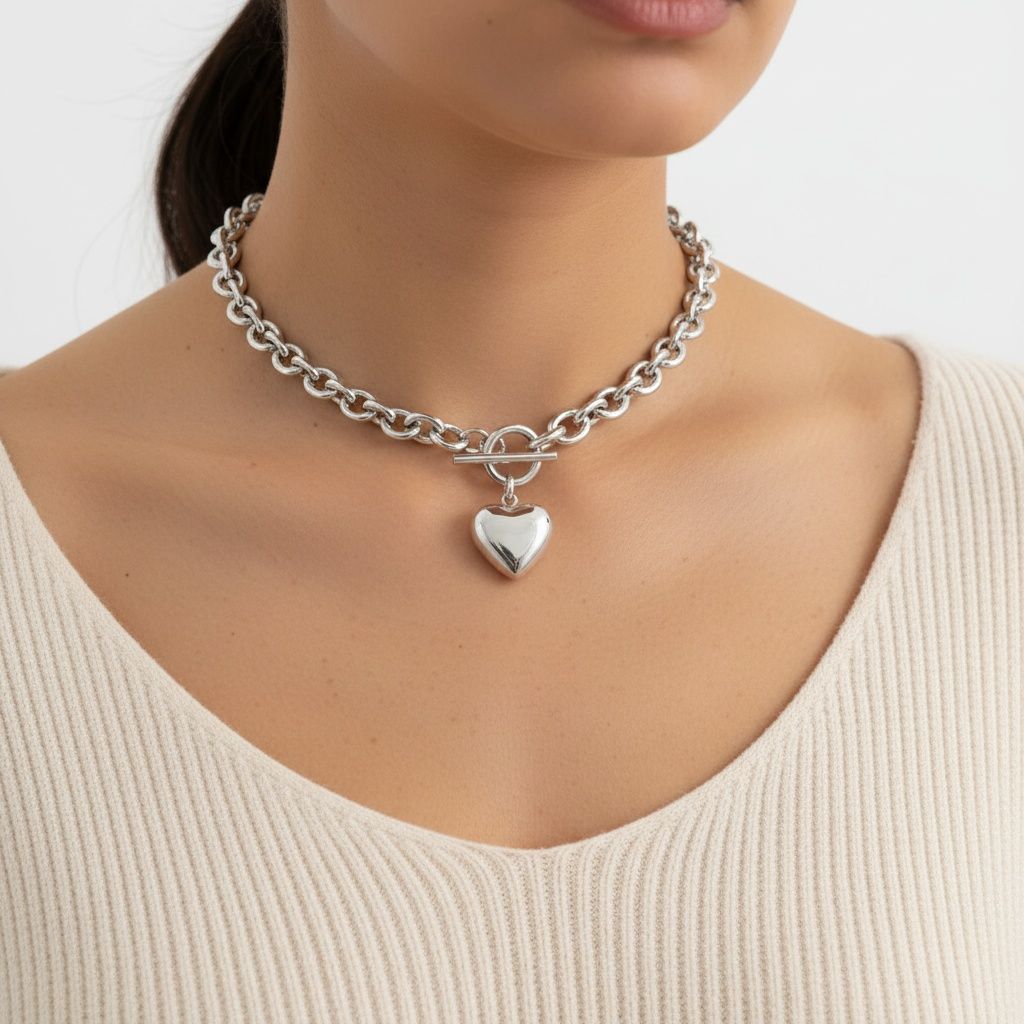 Toggle Heart Necklace Stainless Steel Rolo Chain Stylish Jewelry