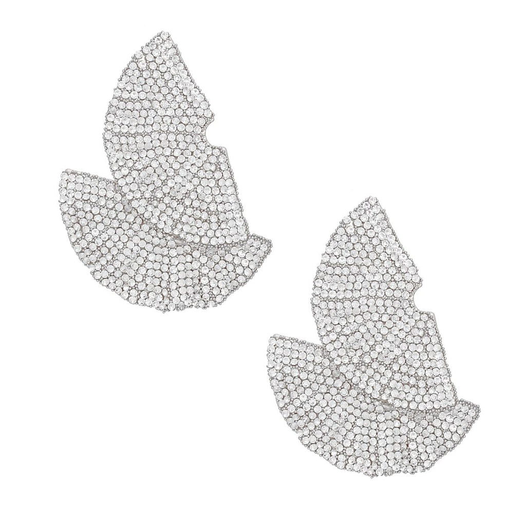 Rhinestone Silver 1920s Stud Earrings with Ruffle Fan Detail, Stylish Statement Jewelry