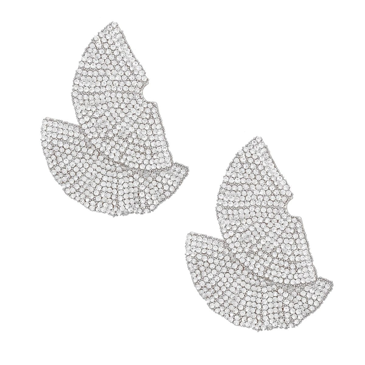 Rhinestone Silver 1920s Stud Earrings with Ruffle Fan Detail, Stylish Statement Jewelry
