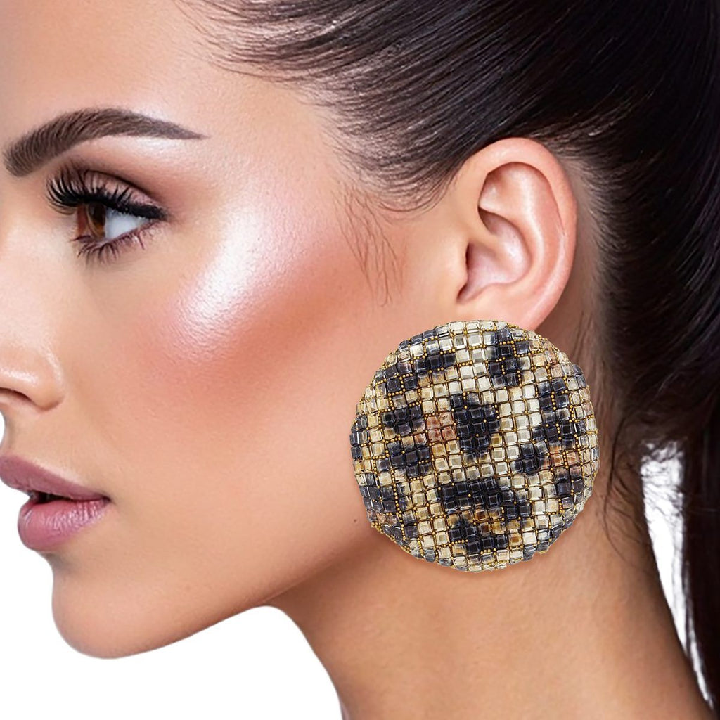 Rhinestone Disc Stud Earrings with Leopard Mosaic – Stylish Statement Jewelry