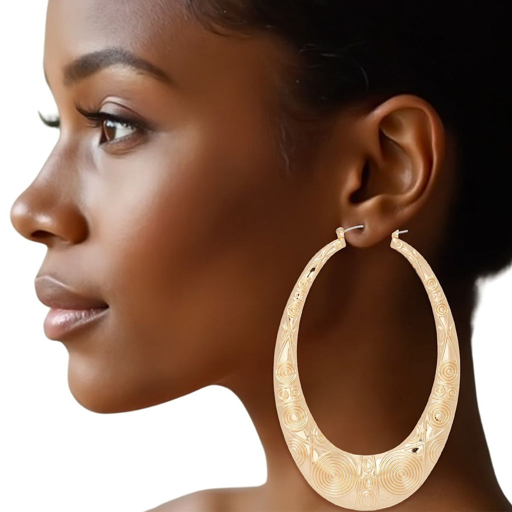 Teardrop Hoop Bamboo Earrings XL Tribal Pattern Stylish Statement Jewelry