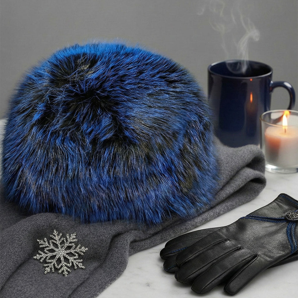 Women’s Winter Kubanka Cap Faux Fur Blue Stylish Chic Hat Luxe