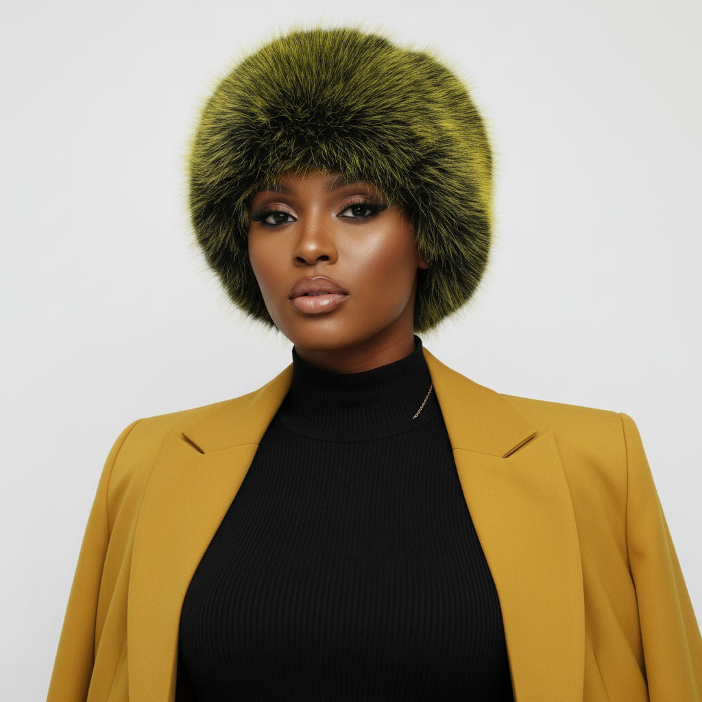 Women’s Winter Kubanka Cap Faux Fur Yellow Stylish Chic Hat
