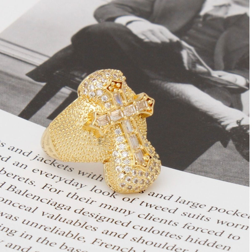 Statement Gold Brass CZ Cross Ring – Trendy Cocktail Artisan Jewelry