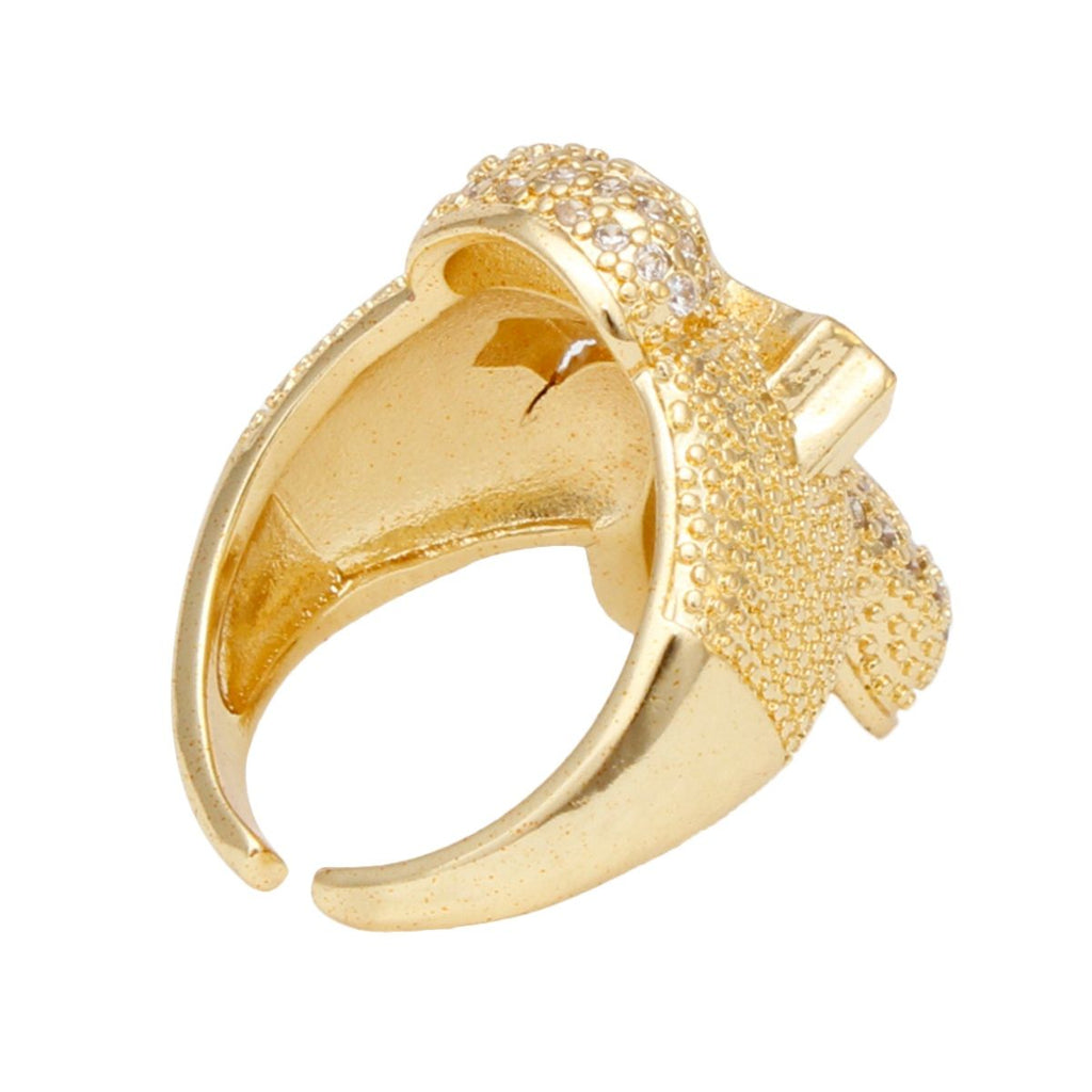 Statement Gold Brass CZ Cross Ring – Trendy Cocktail Artisan Jewelry