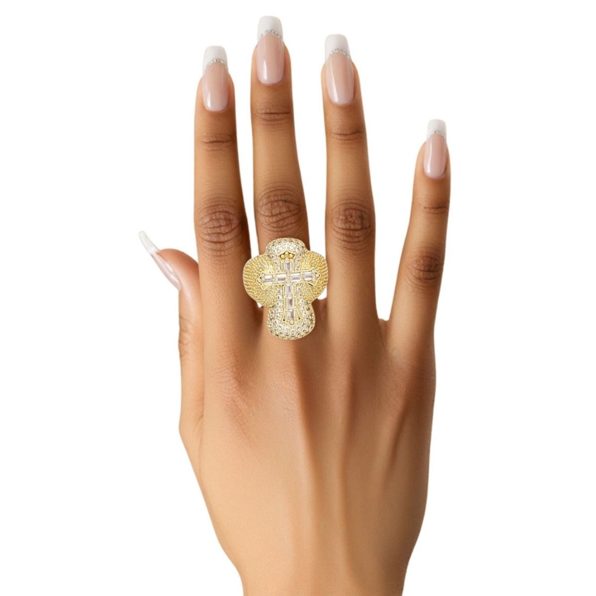 Statement Gold Brass CZ Cross Ring – Trendy Cocktail Artisan Jewelry