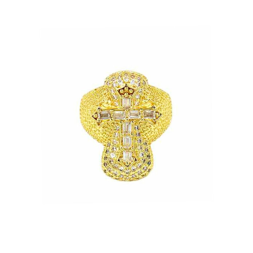 Statement Gold Brass CZ Cross Ring – Trendy Cocktail Artisan Jewelry
