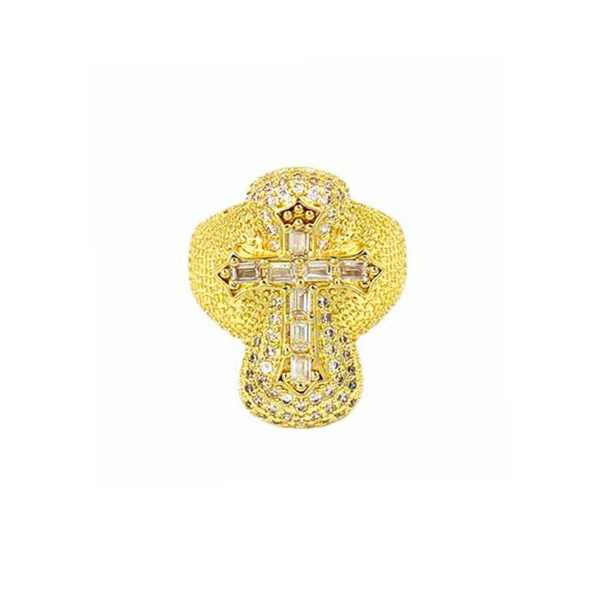 Statement Gold Brass CZ Cross Ring – Trendy Cocktail Artisan Jewelry