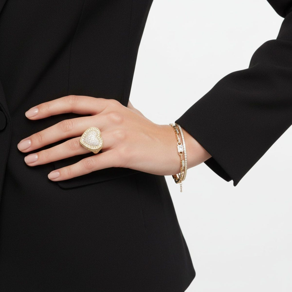 Fashion Ring Size 8 Cocktail Brass CZ Enclosed Heart Stylish Jewelry