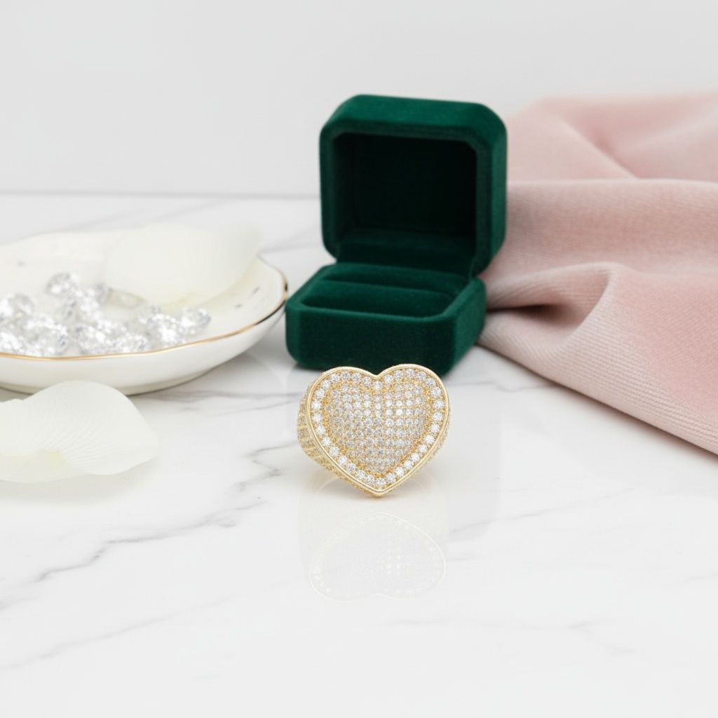 Fashion Ring Size 8 Cocktail Brass CZ Enclosed Heart Stylish Jewelry