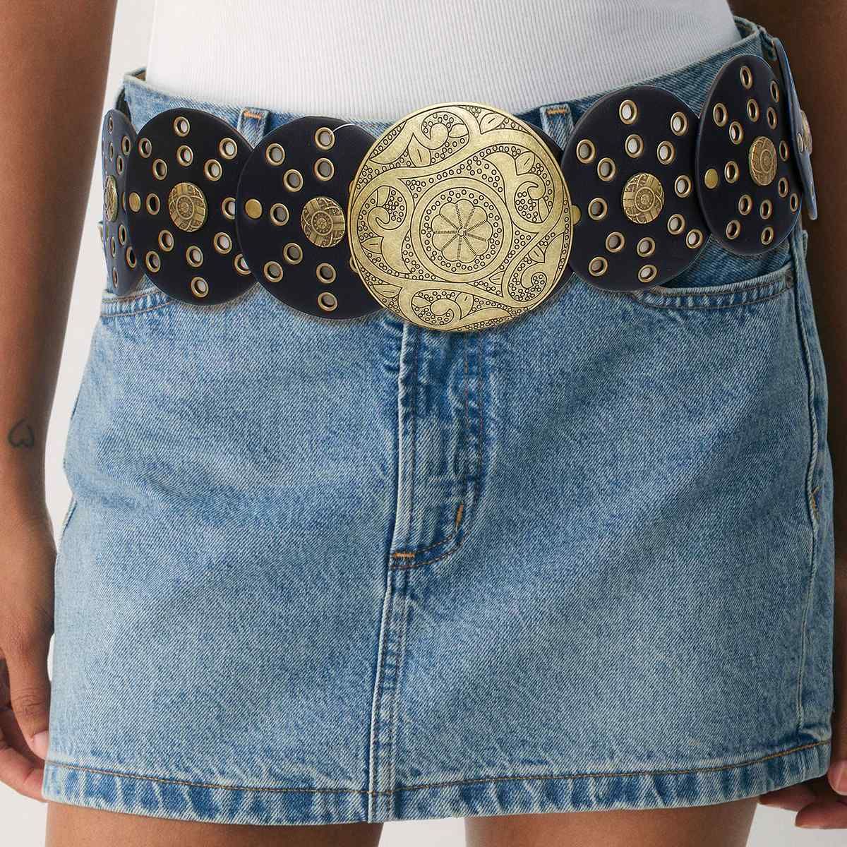 Western Belt Black Circular Gold Accent Cowboy Chic Stylish Accessory