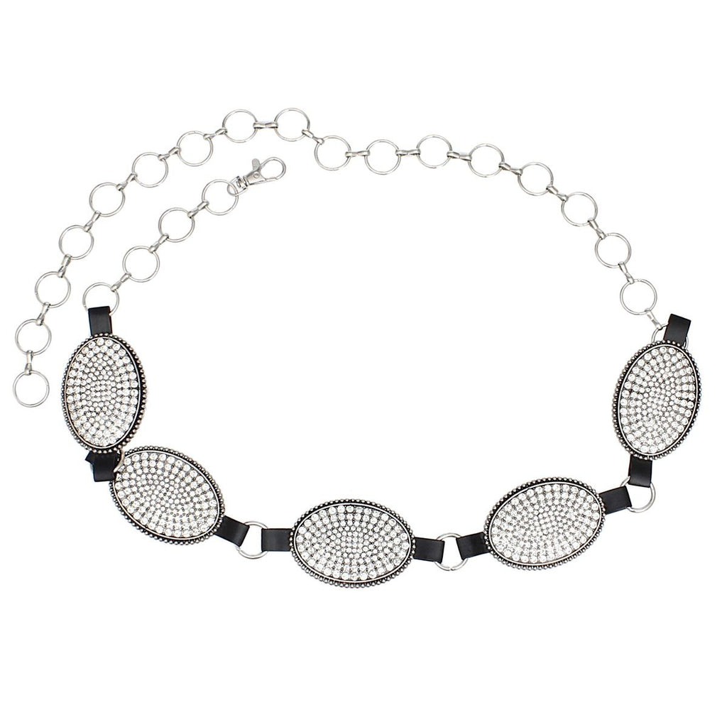 Western Belt with Oval Rhinestone and Silver Cowboy Chain – Trendy Fashion Accessory