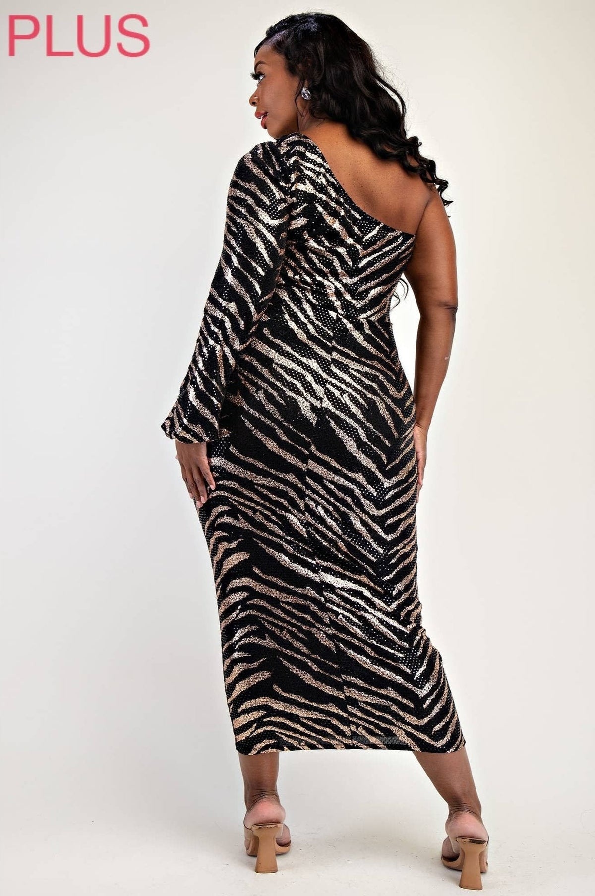 Jaylin Plus Size Sequins Knit One Shoulder Dress with Cutout