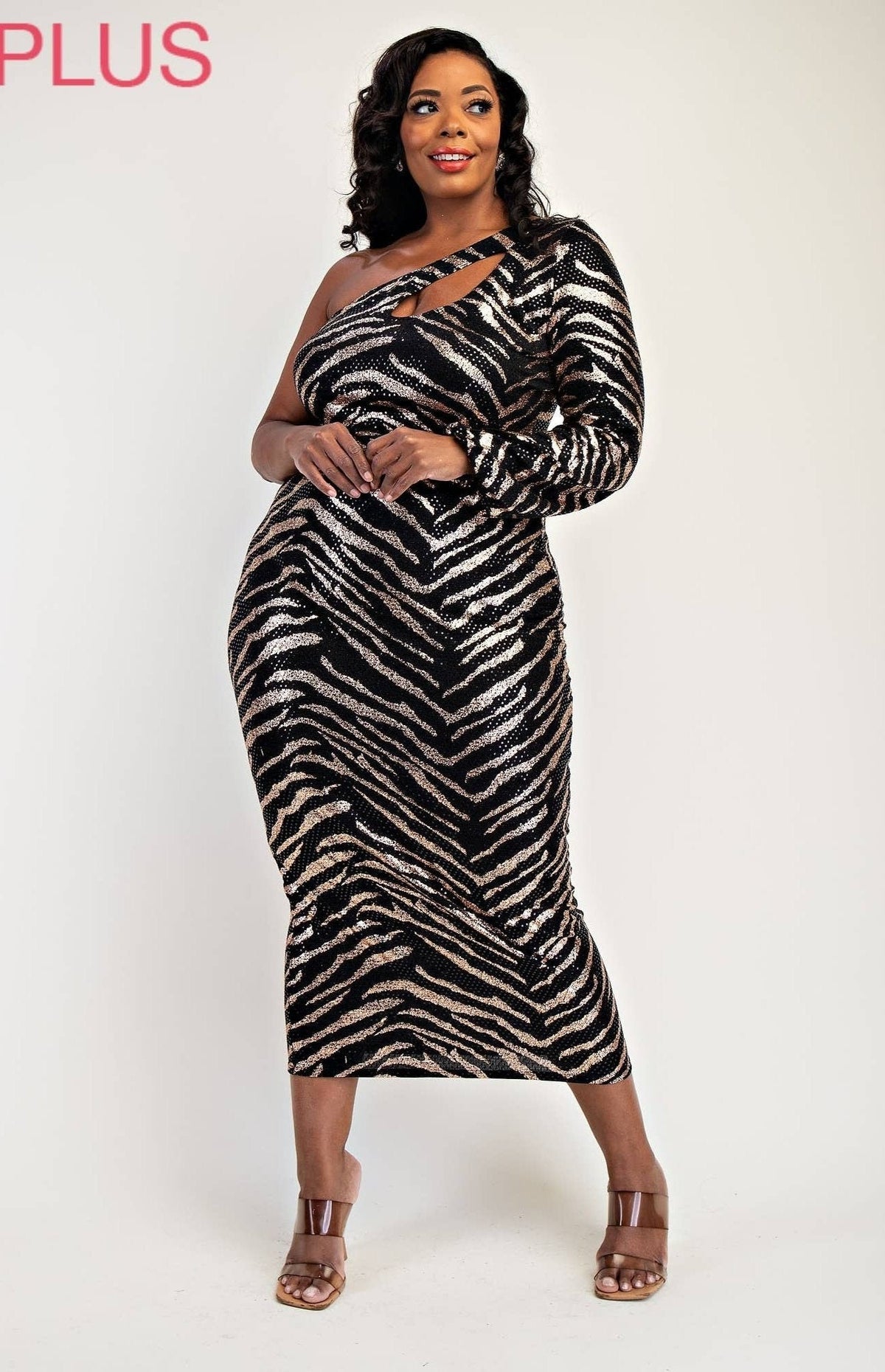 Jaylin Plus Size Sequins Knit One Shoulder Dress with Cutout