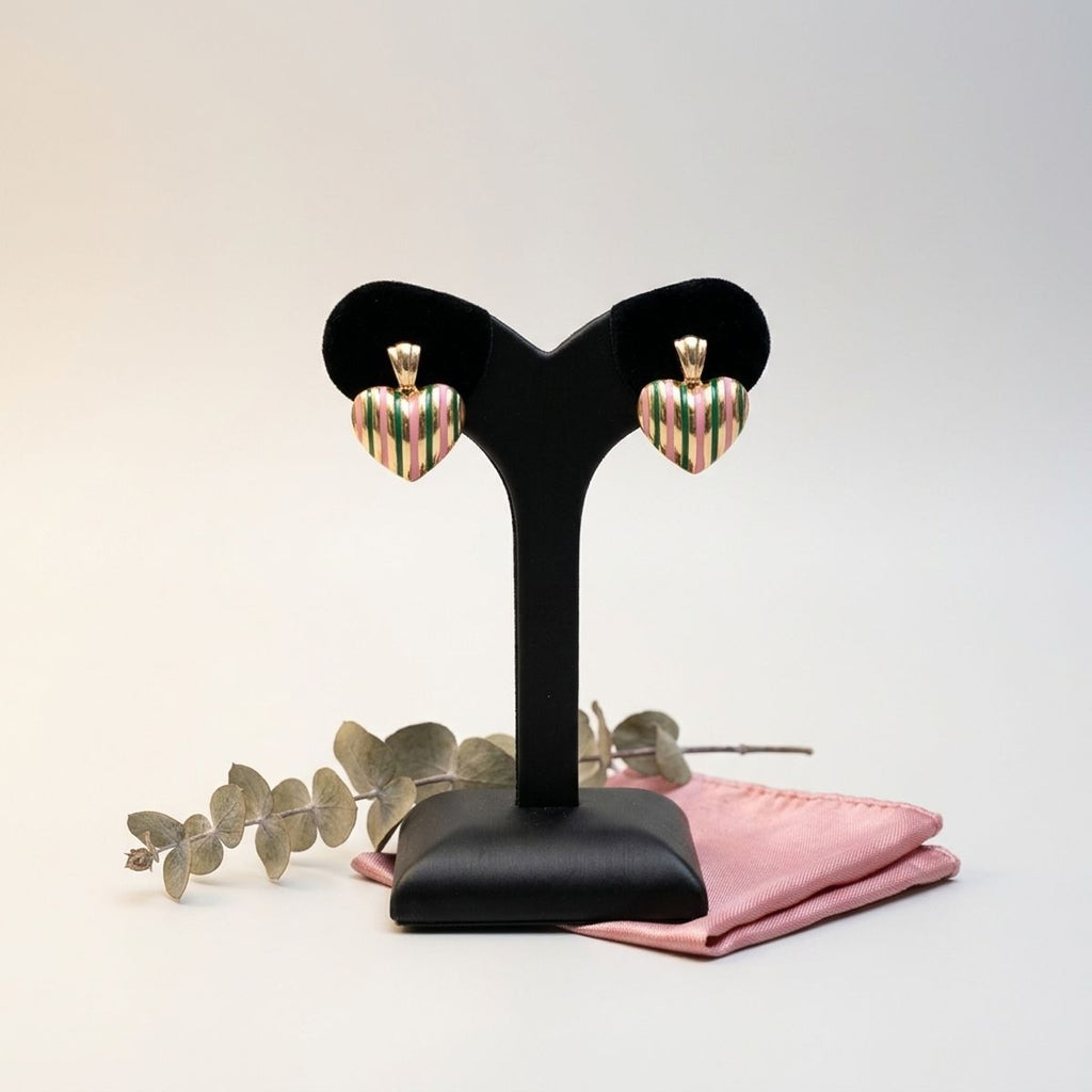 14K Gold Pink Green AKA Striped Heart Earrings