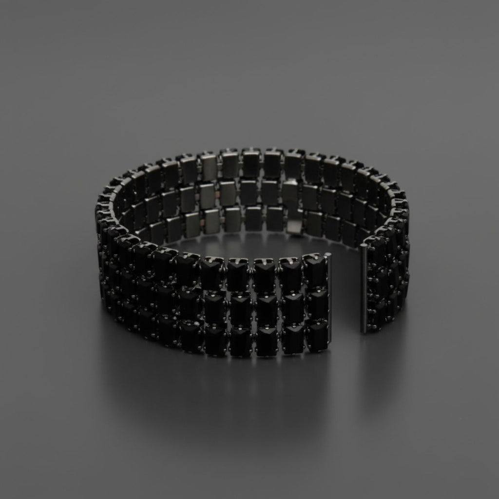 Statement Cuff Bracelet Black Memory Wire 3 Row Baguette CZ Stylish Jewelry