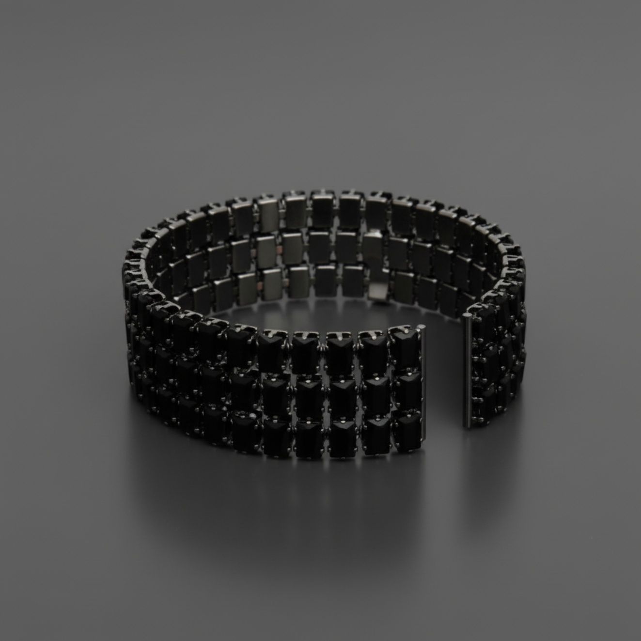 Statement Cuff Bracelet Black Memory Wire 3 Row Baguette CZ Stylish Jewelry
