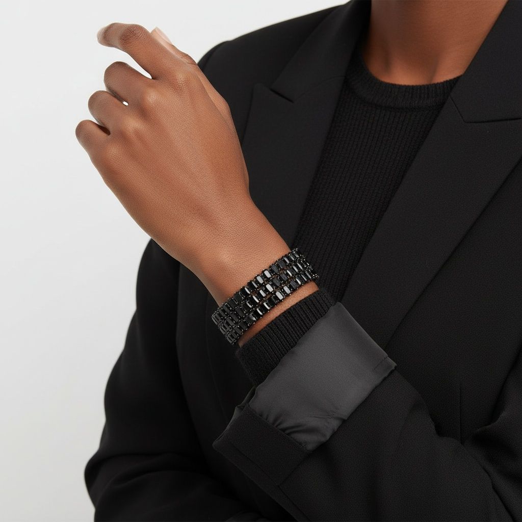 Statement Cuff Bracelet Black Memory Wire 3 Row Baguette CZ Stylish Jewelry