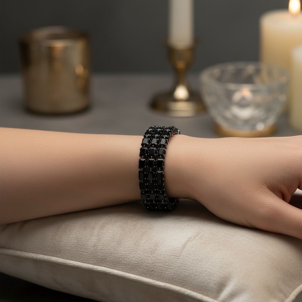 Statement Cuff Bracelet Black Memory Wire 3 Row Baguette CZ Stylish Jewelry