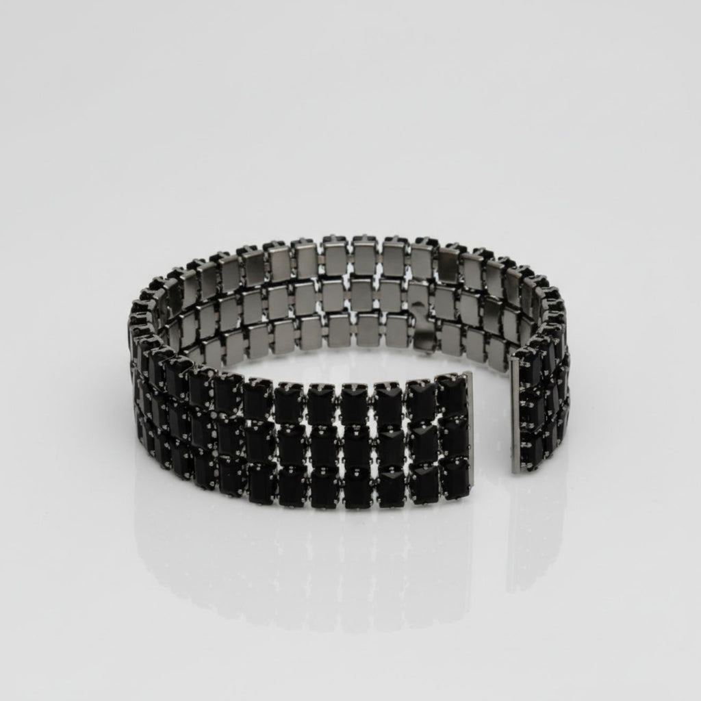 Statement Cuff Bracelet Black Memory Wire 3 Row Baguette CZ Stylish Jewelry