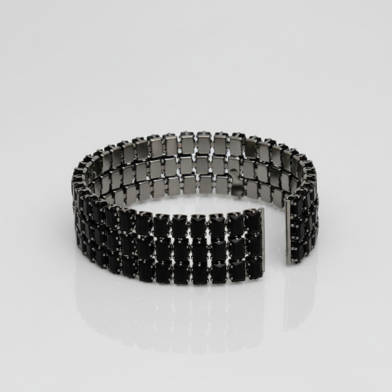 Statement Cuff Bracelet Black Memory Wire 3 Row Baguette CZ Stylish Jewelry