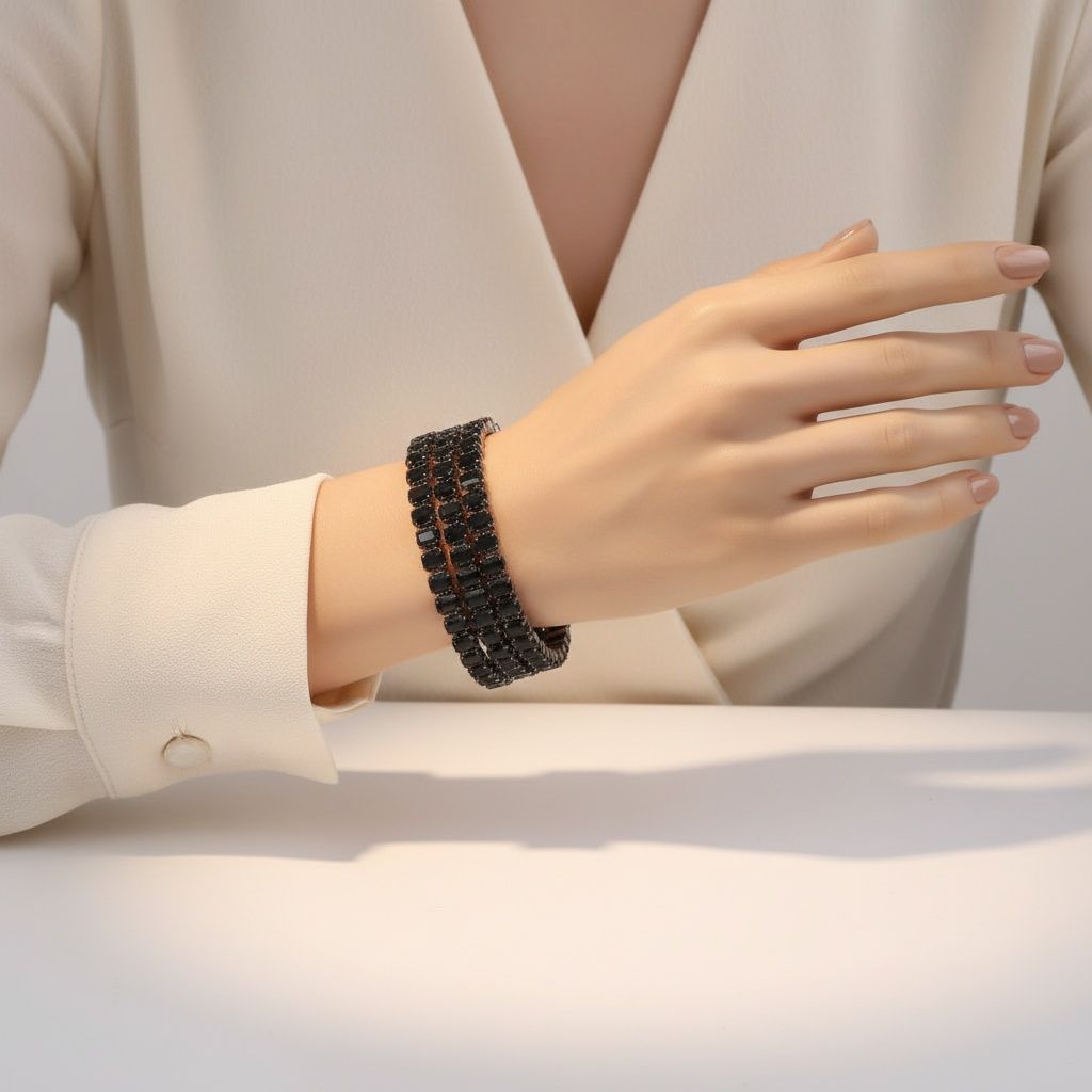 Statement Cuff Bracelet Black Memory Wire 3 Row Baguette CZ Stylish Jewelry