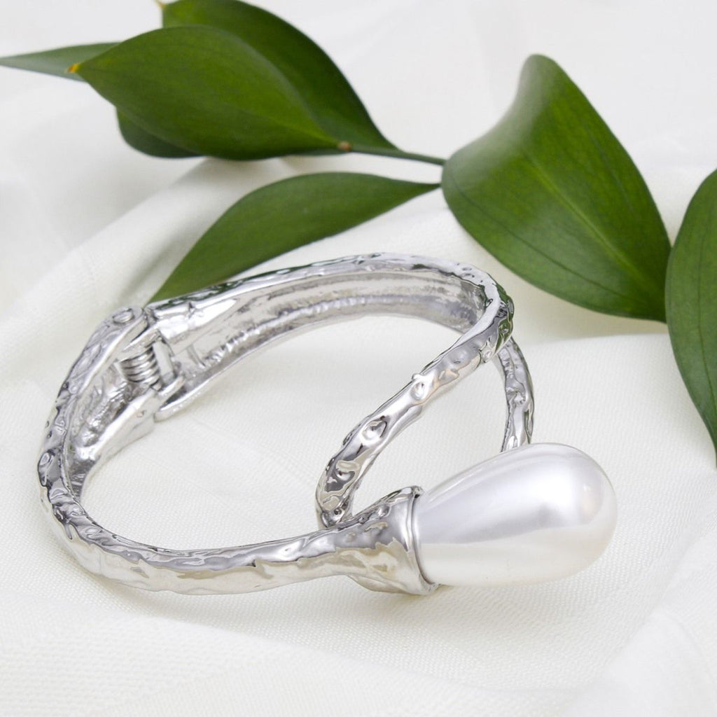 Silver Hinge Cuff Bracelet with White Pearl Teardrop – Stylish Statement Jewelry