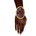 Statement Gold Cuff Bracelet with Oval Purple Confetti Design