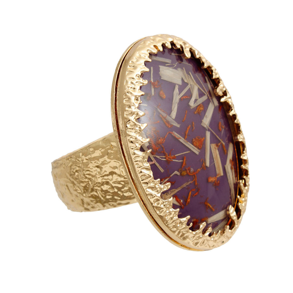 Statement Gold Cuff Bracelet with Oval Purple Confetti Design