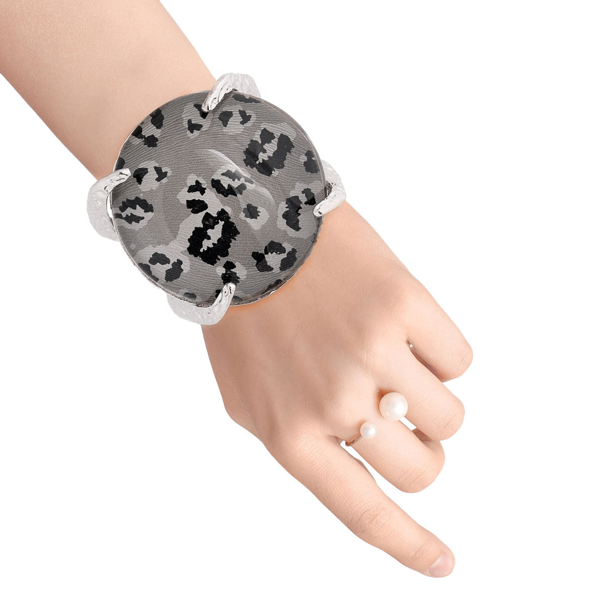 Statement Gray Round Leopard Print Cuff Bracelet