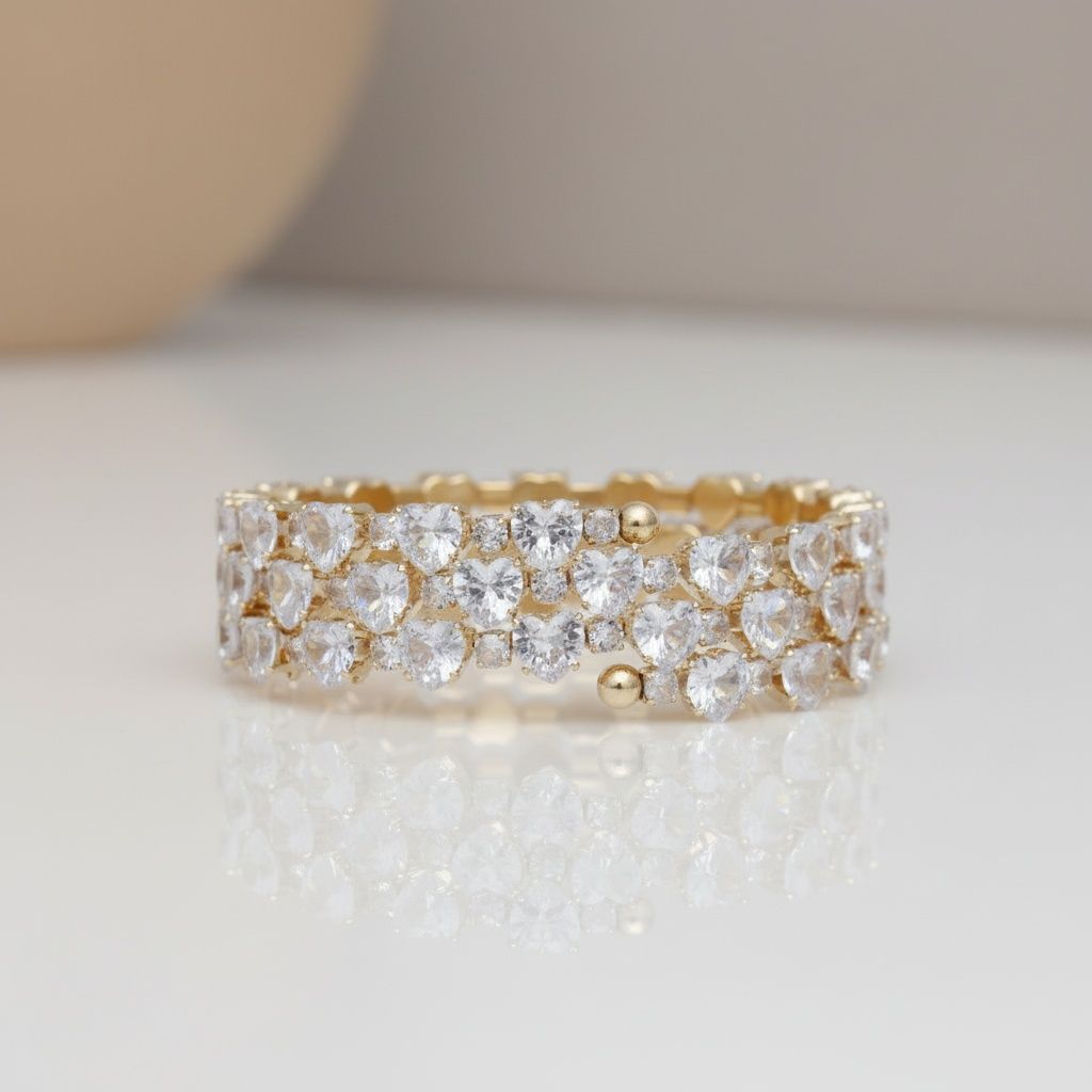 Memory Wire Gold Tennis Bracelet with Heart Crystal CZ – Stylish Statement Jewelry