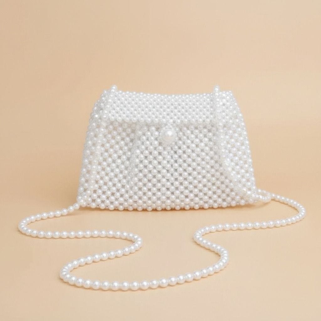 Fashion Handbag Evening Clutch White Pearl Woven Handmade Flap Bag Chic Elegant