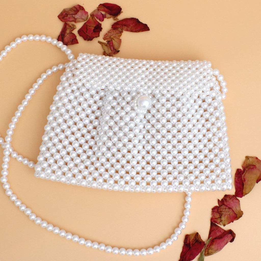 Fashion Handbag Evening Clutch White Pearl Woven Handmade Flap Bag Chic Elegant