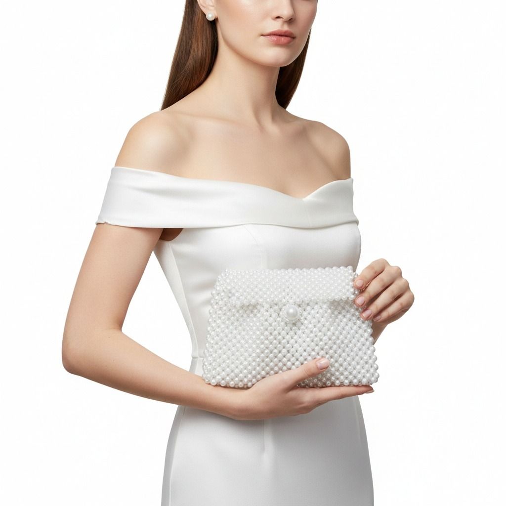 Fashion Handbag Evening Clutch White Pearl Woven Handmade Flap Bag Chic Elegant