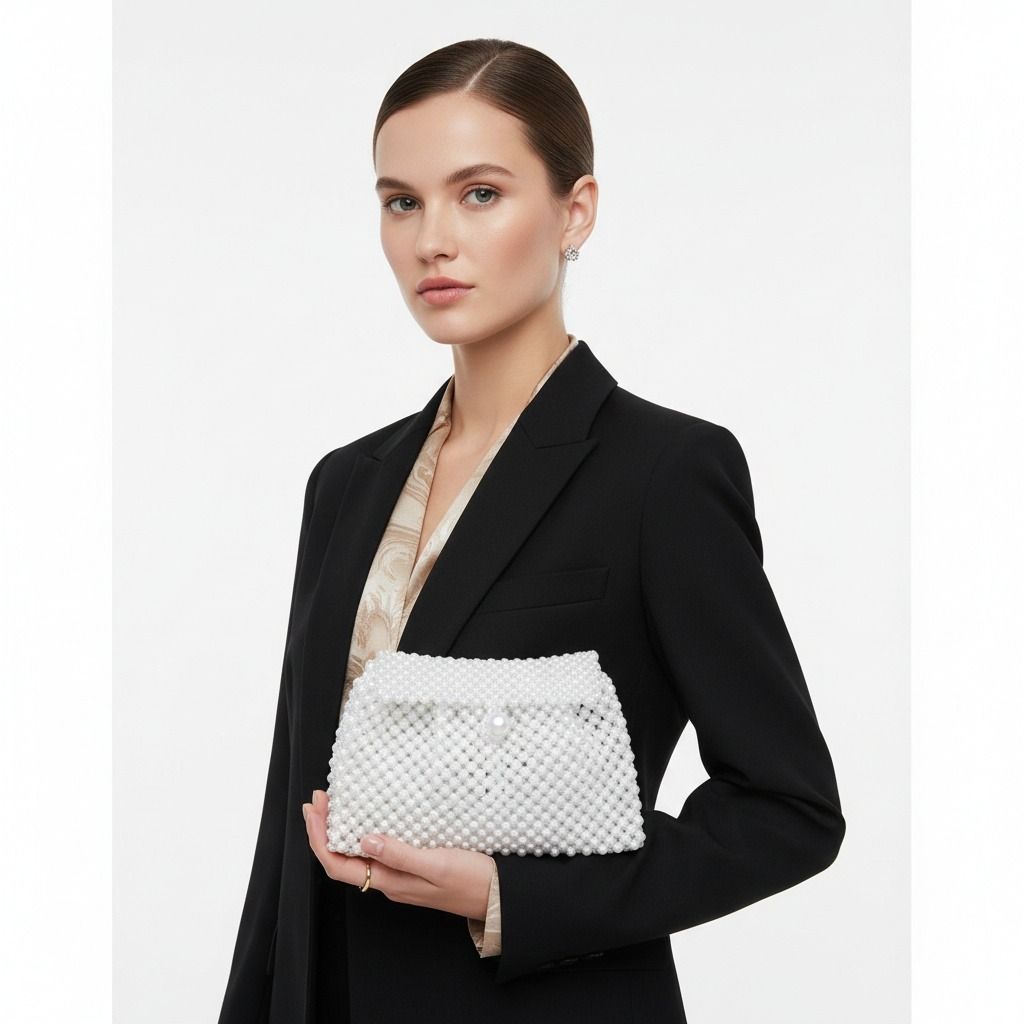 Fashion Handbag Evening Clutch White Pearl Woven Handmade Flap Bag Chic Elegant