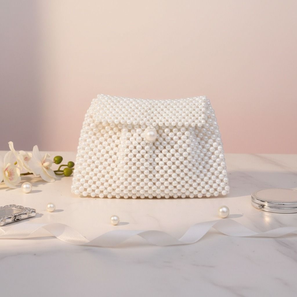 Fashion Handbag Evening Clutch White Pearl Woven Handmade Flap Bag Chic Elegant