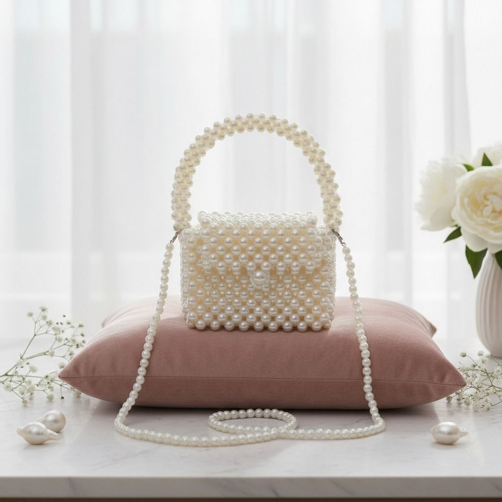 Fashion Handbag Top Handle Retro Luxe Cream Pearl Flap Stylish Chic