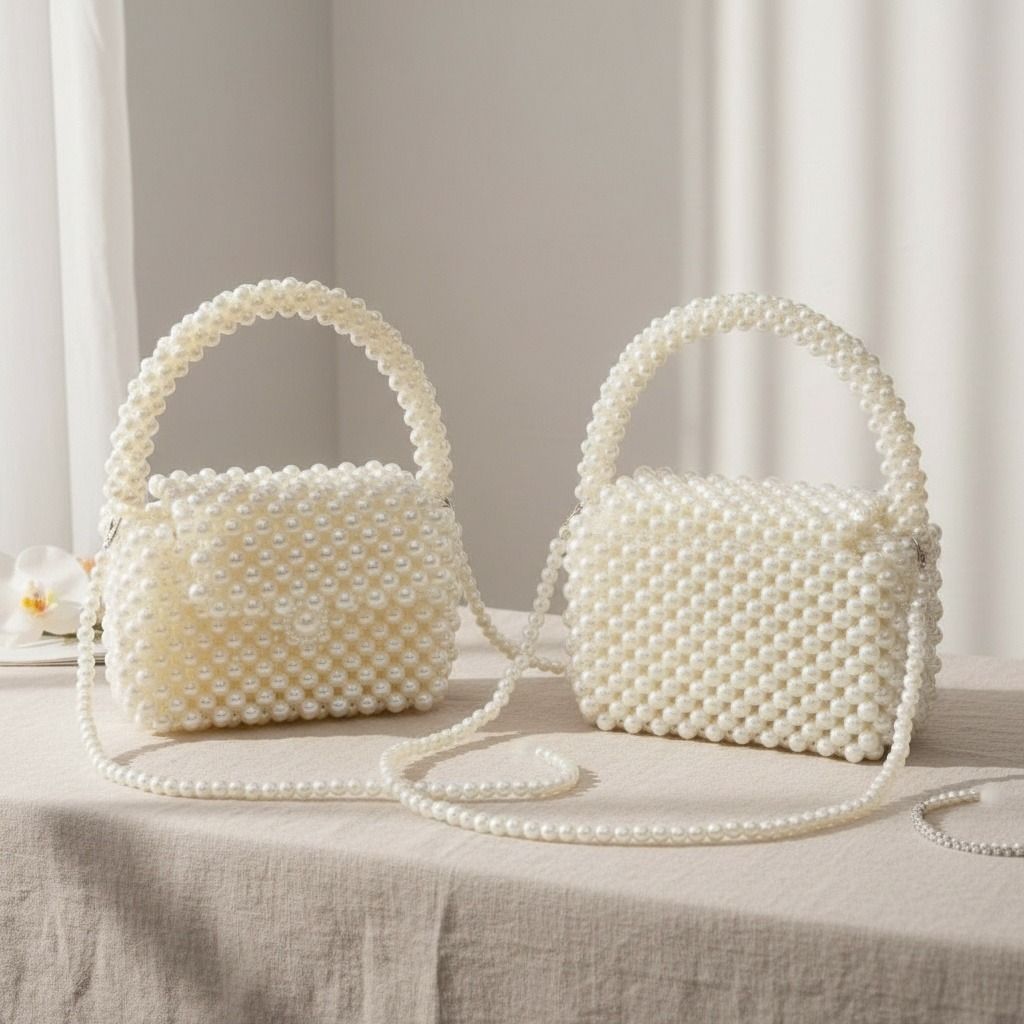 Fashion Handbag Top Handle Retro Luxe Cream Pearl Flap Stylish Chic