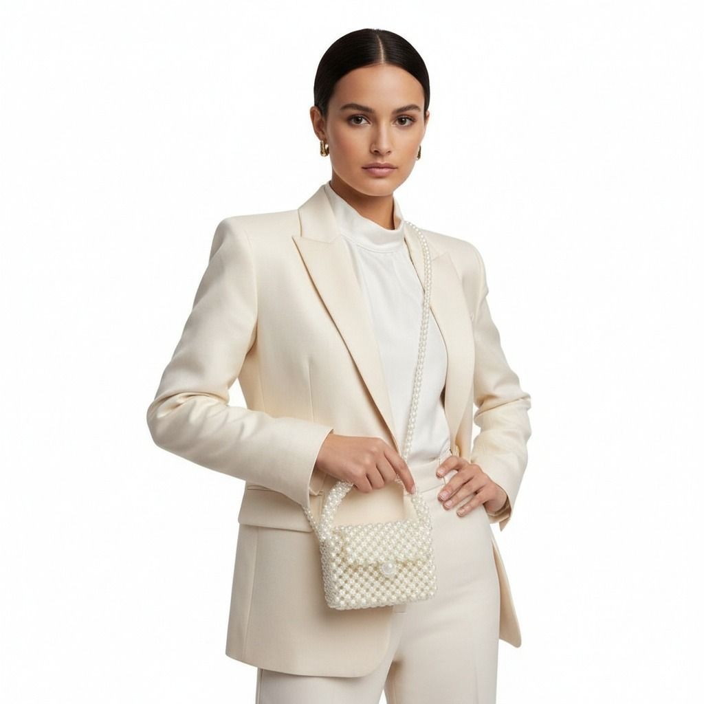Fashion Handbag Top Handle Retro Luxe Cream Pearl Flap Stylish Chic