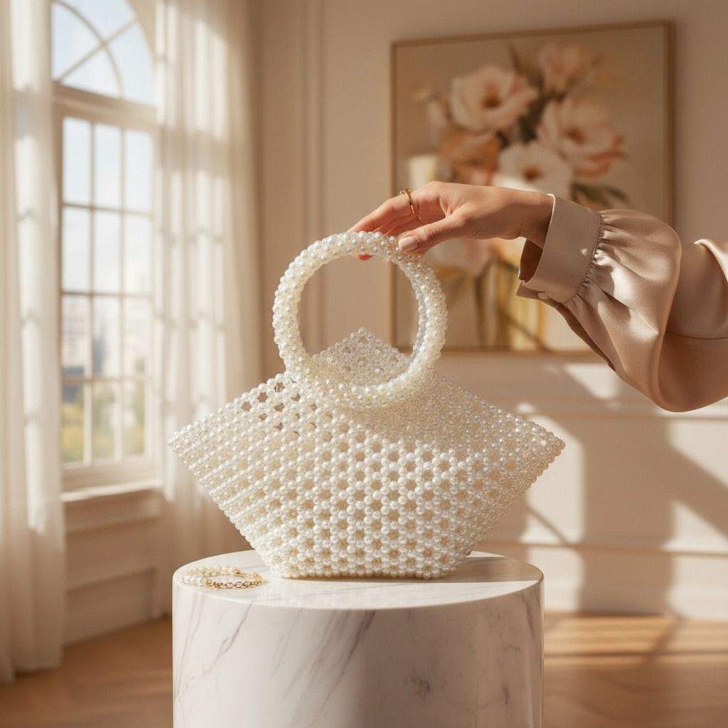 Fashion Handbag Top Handle Trapeze Cream Pearl Woven Stylish Bag